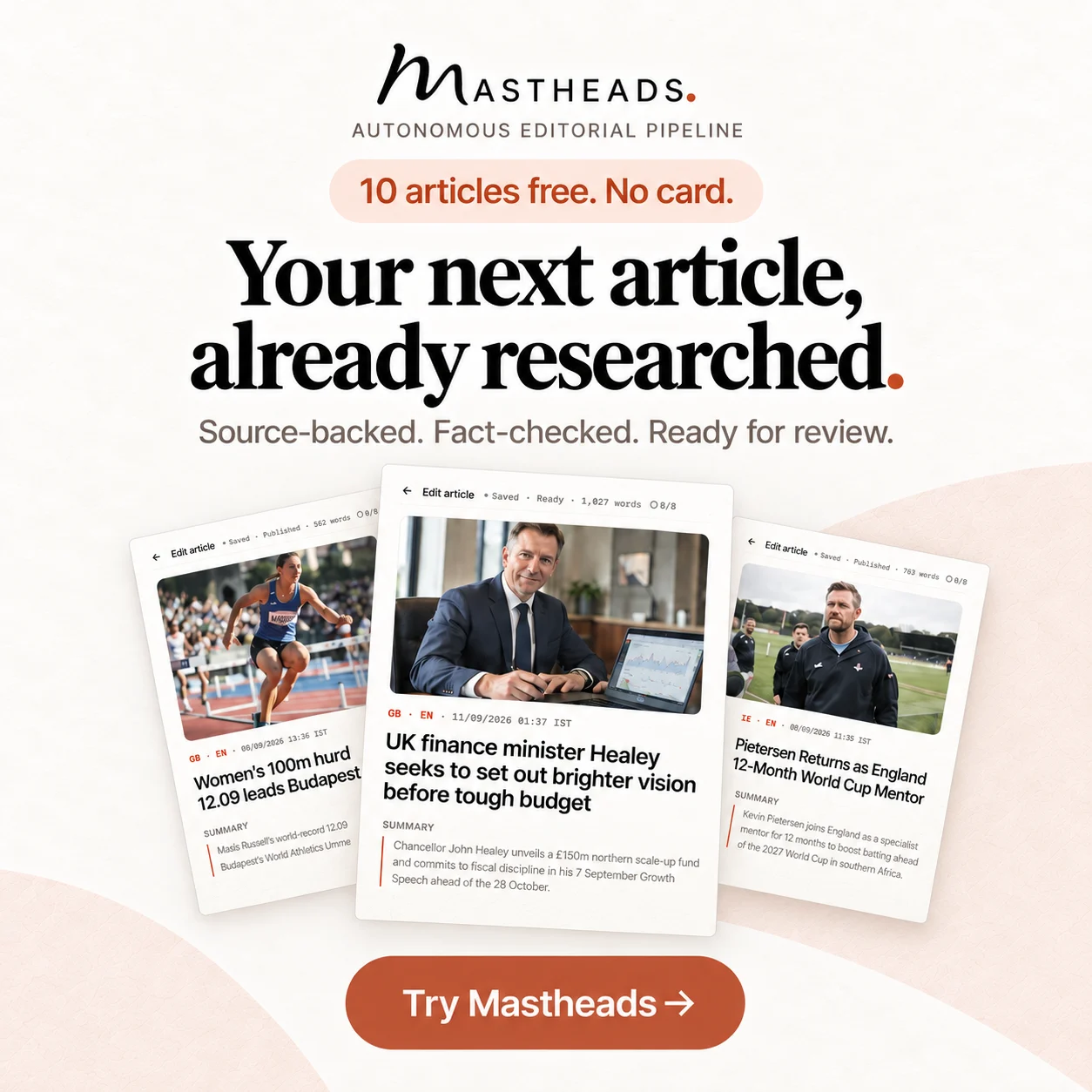 Mastheads: your next article, already researched — source-backed, fact-checked, and ready for your review