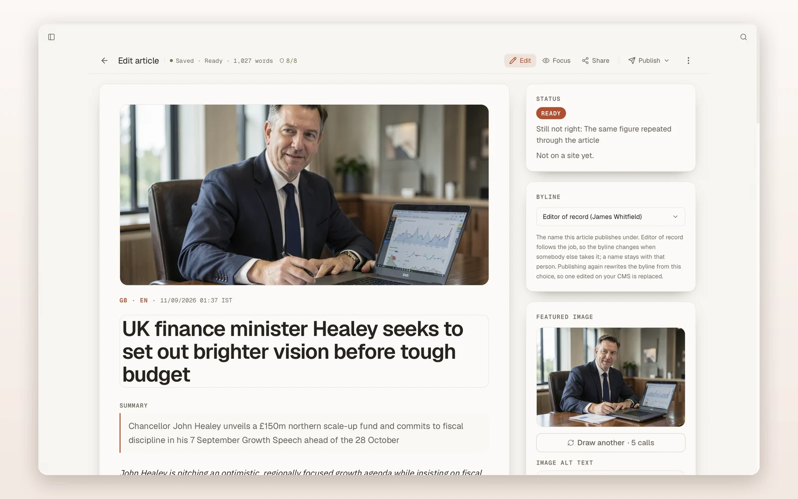 The Mastheads workspace showing an article marked READY with the desks' own note recorded on it
